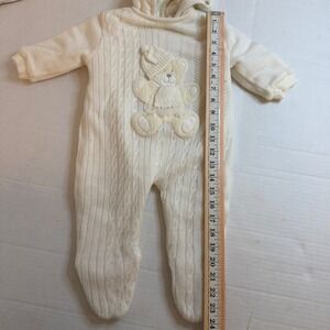 VTG Baby Togs Cream Cable Knit Teddy Bear Hooded Snowsuit Bunting 9 Months